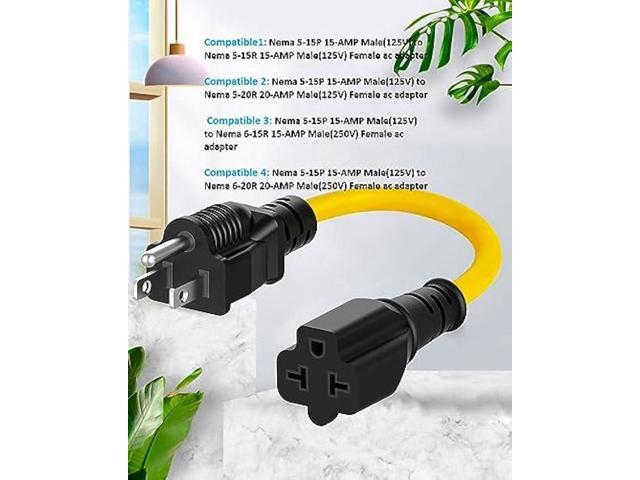 12AWG Heavy Duty Extender AC Plug Adapter [4-in-1], 15 Amp Household to 20 Amp T Blade Power Extension Cord, 1FT/32CM 12AWG Nema 5-15P to...