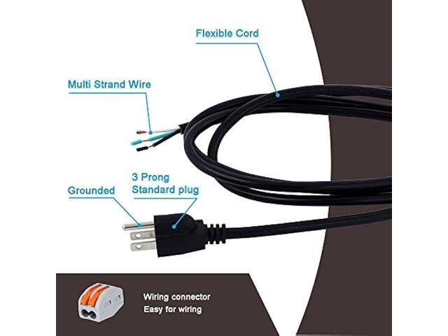14 AWG 12 Feet AC Power Cord Pigtail 3-Wire Stripped End Heavy Duty 14 Gauge 3 Prong Open End SJT Power Supply AC Plug NEMA 5-15P, Replacement AC...
