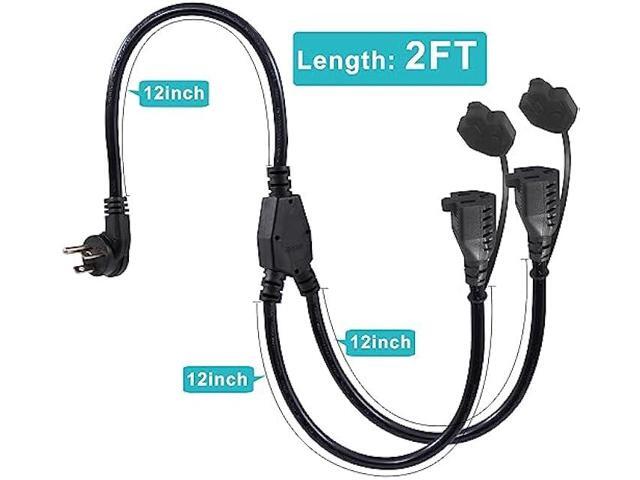 [2PACK] 2FT Outdoor Power Extension Cord 2 Way Splitter - Black Flat Wall Plug Short 3 Prong Y Splitte Extension Cord with 2Outlets, 125V 13A 16AWG...
