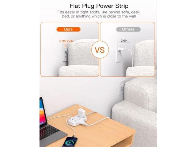 Flat Extension Cord, 5FT Flat Plug Power Strip with USB C, 6 Outlets 4 USB Ports (2 USB C) Slim Desk Charging Station, Power Strip with No Surge...