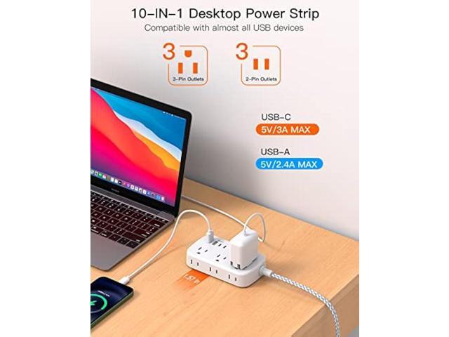 Flat Extension Cord, 5FT Flat Plug Power Strip with USB C, 6 Outlets 4 USB Ports (2 USB C) Slim Desk Charging Station, Power Strip with No Surge...