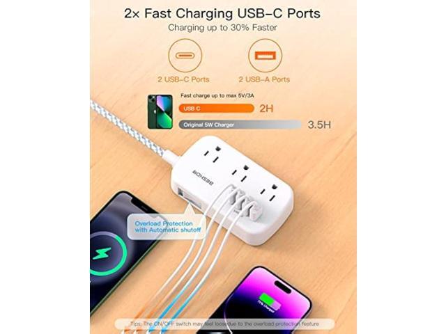 Flat Extension Cord, 5FT Flat Plug Power Strip with USB C, 6 Outlets 4 USB Ports (2 USB C) Slim Desk Charging Station, Power Strip with No Surge...