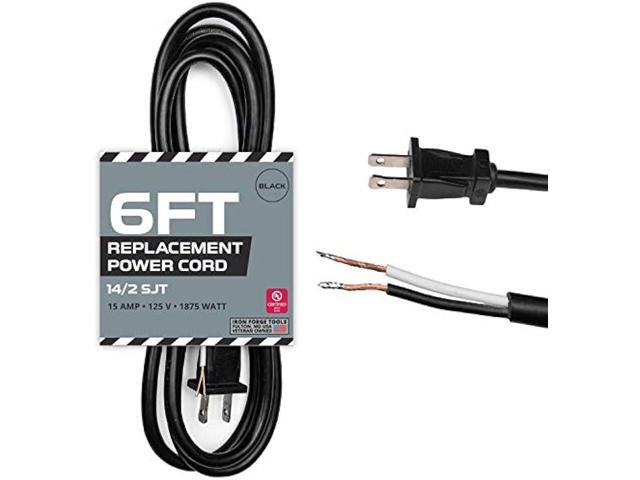 14 AWG Replacement Power Cord with Open End - 6 Ft Black Extension Cable, 2 Wire 14/2 SJT