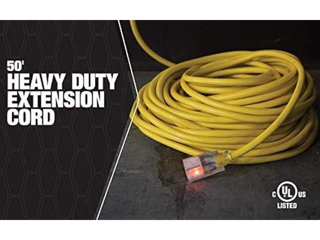 Southwire 2588SW0002 Outdoor Cord-12/3 SJTW Heavy Duty 3 Prong Extension Cord-for Commercial Use (50', Yellow), 50 Feet