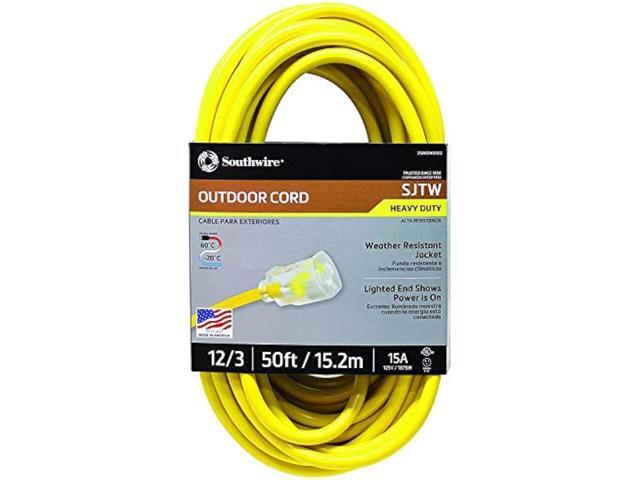 Southwire 2588SW0002 Outdoor Cord-12/3 SJTW Heavy Duty 3 Prong Extension Cord-for Commercial Use (50', Yellow), 50 Feet