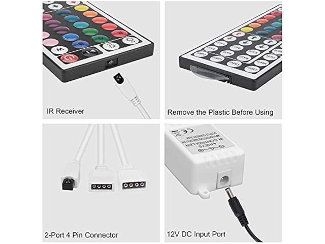 Hwylizg 2-Port 44 Key IR LED Light Remote,RGB Control Box + DC 12V 3A LED Power Supply Led Light Adapter + 2 Pack 3.3FT LED Light Strip Extension...