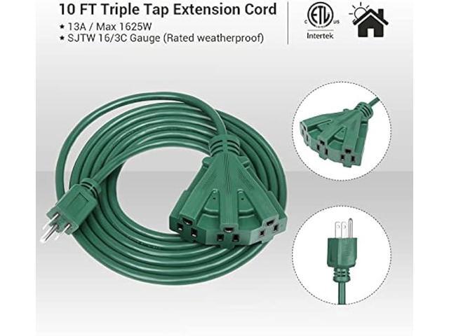 DEWENWILS 10 FT Green Outdoor Tri-Tap Extension Cord Splitter for Halloween, Weatherproof 16/3 SJTW Power Cable for Holiday Decoration and...