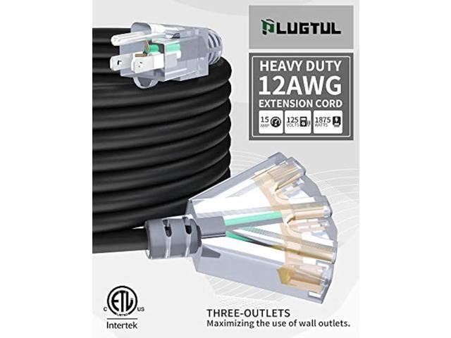 15Ft 12/3 Outdoor Extension Cord with 3-Outlets, Heavy Duty 12 Gauge 3 Prong Extension Cord Waterproof with Lighted end, 15A 12AWG 1875W SJTW, ETL...