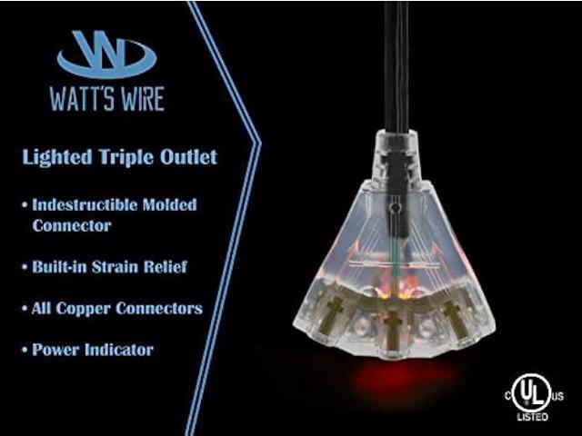 2 ft - 12 Gauge Heavy Duty 3-Outlet Lighted SJTW Indoor/Outdoor Black Extension Cord by Watt's Wire - Short 2' 12-Gauge Grounded 15-Amp Power-Cord...