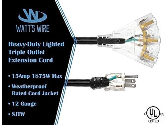 2 ft - 12 Gauge Heavy Duty 3-Outlet Lighted SJTW Indoor/Outdoor Black Extension Cord by Watt's Wire - Short 2' 12-Gauge Grounded 15-Amp Power-Cord...