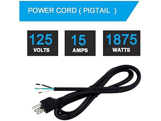 14 AWG 12 Feet AC Power Cord Pigtail 3-Wire Stripped End Heavy Duty 14 Gauge 3 Prong Open End SJT Power Supply AC Plug NEMA 5-15P, Replacement AC...