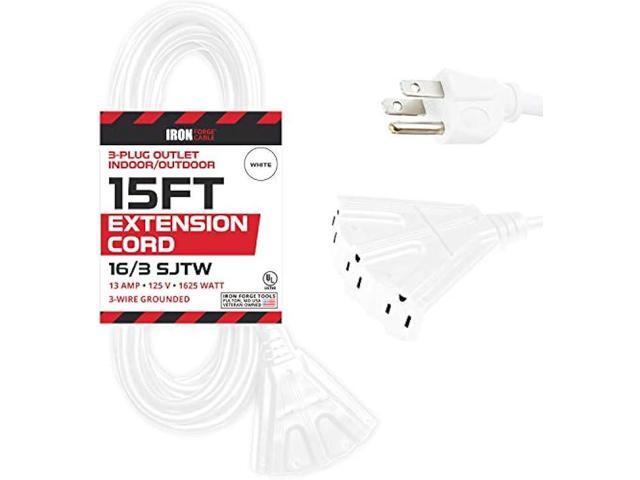 15 Ft Outdoor Extension Cord with 3 Electrical Power Outlets - 16/3 SJTW Durable White Cable