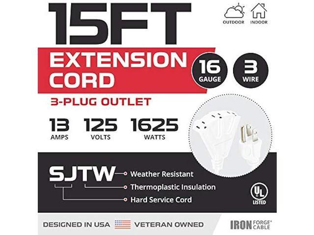 15 Ft Outdoor Extension Cord with 3 Electrical Power Outlets - 16/3 SJTW Durable White Cable