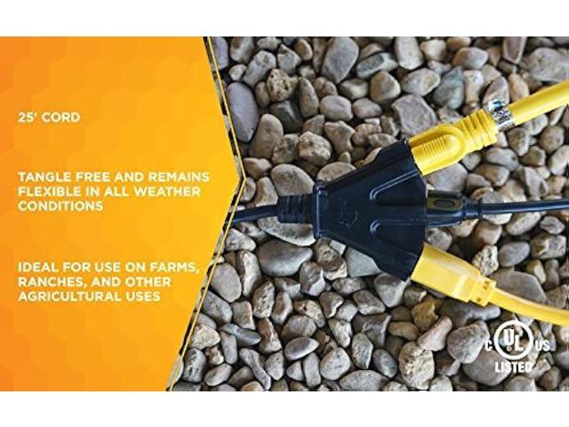 Woods Black AgriPro 2451 14/3 25-Foot Heavy Duty 15-Amp SJTOW Farm/Workshop Multi Extension Cord Turns 1 3 Outlet Tri-Tap Adapter Feet Ft