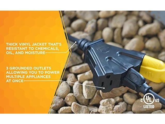 Woods Black AgriPro 2451 14/3 25-Foot Heavy Duty 15-Amp SJTOW Farm/Workshop Multi Extension Cord Turns 1 3 Outlet Tri-Tap Adapter Feet Ft