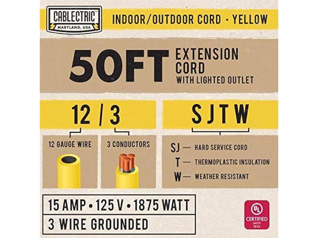 Cablectric 12 Gauge Extension Cord 50 ft, 12/3 Heavy Duty Extension Cord with 3 Prong for Outdoor & Indoor, Weatherproof Yellow Power Cable Great...