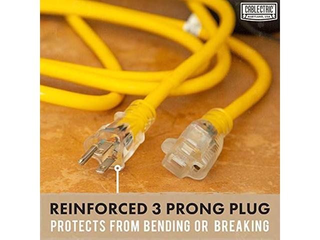Cablectric 50 Ft Outdoor Extension Cord - 10/3 SJTW Heavy Duty Yellow 10 Gauge Lighted Electrical Cable with 3 Prong Grounded Plug