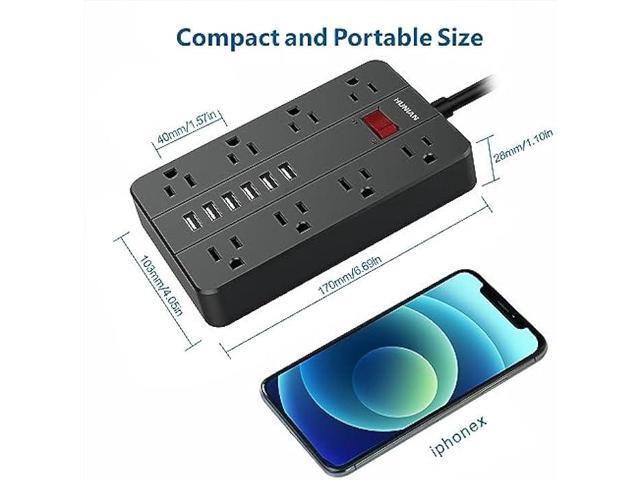 Power Strip with 6 USB,HUNIAN 5 Ft Extension Cord Flat Plug with 8 Widely Spaced Outlets Overload Protection Indoor Desk Charging Station Surge...