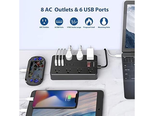 Power Strip with 6 USB,HUNIAN 5 Ft Extension Cord Flat Plug with 8 Widely Spaced Outlets Overload Protection Indoor Desk Charging Station Surge...