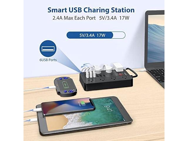 Power Strip with 6 USB,HUNIAN 5 Ft Extension Cord Flat Plug with 8 Widely Spaced Outlets Overload Protection Indoor Desk Charging Station Surge...