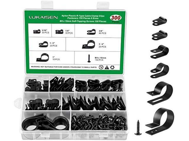 Cable Clips for Cable Management Cord Organizer, 6 Sizes 300 PCS Nylon R-Type, 3/16'' 1/4'' 3/8'' 1/2'' 3/4'' 1'' Black Plastic Screw Mounting Cord...