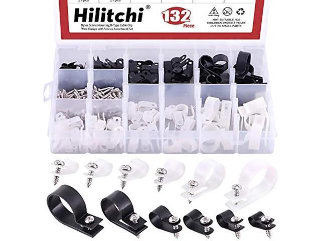 Hilitchi 132 Pcs 6 Sizes Black and White Plastic Cable Clamp R Type Screw Mounting Cord Fastener Cable Clips Assortment Kit with Screws for Wire...