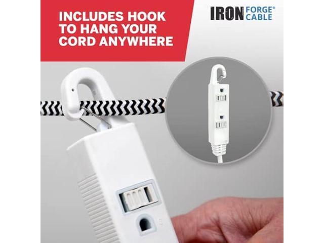 IRON FORGE CABLE Inline Extension Cord with On/Off Switch 10 FT 3 Outlets with Hook for Easy Hanging, 16/3 SJTW Multiple Outlets Power Switch -...