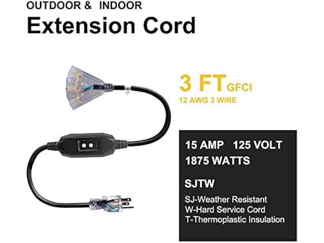 GREATIDE 3 Ft Outdoor GFCI Lighted Extension Cord with 3 Power Outlets, 15 Amp 12/3 SJTW Heavy Duty Black Pigtail Extension Cable with 3 Prong...