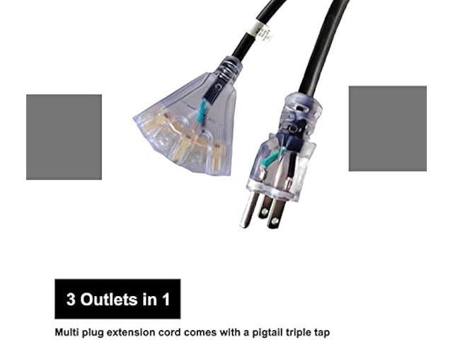 GREATIDE 3 Ft Outdoor GFCI Lighted Extension Cord with 3 Power Outlets, 15 Amp 12/3 SJTW Heavy Duty Black Pigtail Extension Cable with 3 Prong...