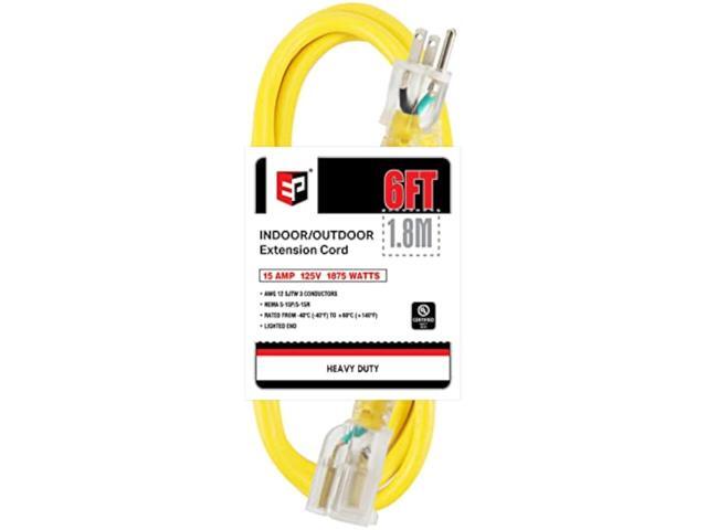 EP 6 ft Lighted Outdoor Extension Cord - 12/3 SJTW Heavy Duty Yellow Extension Cable with 3 Prong Grounded Plug - 15AMP Power Cord for Lawn,...