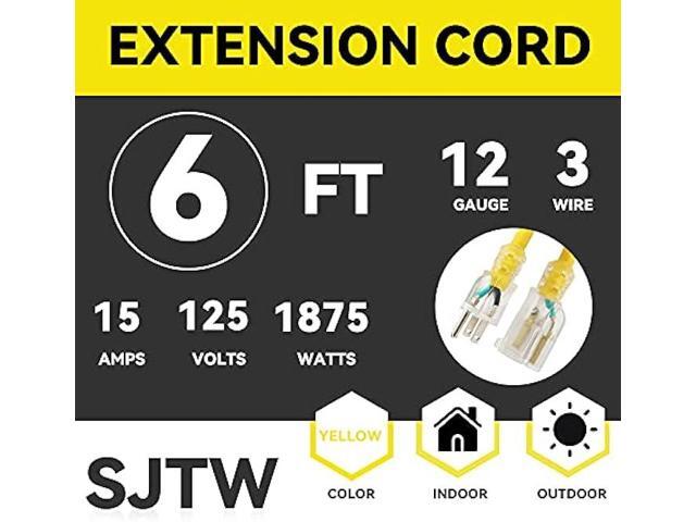 EP 6 ft Lighted Outdoor Extension Cord - 12/3 SJTW Heavy Duty Yellow Extension Cable with 3 Prong Grounded Plug - 15AMP Power Cord for Lawn,...