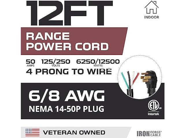 Iron Forge Cable 4 Prong Range Cord 12 Ft - 50 Amp Extension Cord 12 Foot, NEMA 14-50 Plug, 6/8 Range & Stove Cord 4 Prong STW, 125V/250V, 12500...