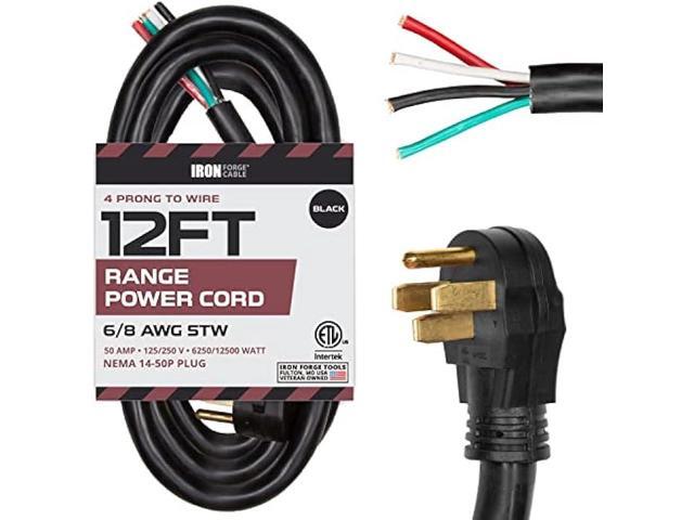 Iron Forge Cable 4 Prong Range Cord 12 Ft - 50 Amp Extension Cord 12 Foot, NEMA 14-50 Plug, 6/8 Range & Stove Cord 4 Prong STW, 125V/250V, 12500...