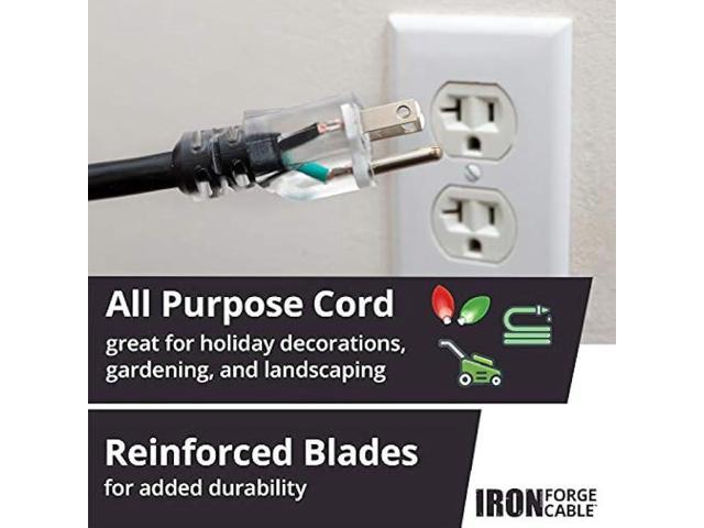 10 Ft Outdoor Extension Cord, Lighted with 3 Electrical Power Outlets - 12/3 SJTW Heavy Duty Black Cable with 3 Prong Grounded Plug for Safety