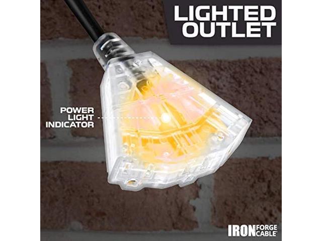 10 Ft Outdoor Extension Cord, Lighted with 3 Electrical Power Outlets - 12/3 SJTW Heavy Duty Black Cable with 3 Prong Grounded Plug for Safety