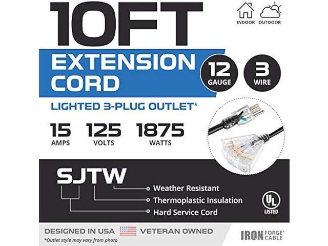 10 Ft Outdoor Extension Cord, Lighted with 3 Electrical Power Outlets - 12/3 SJTW Heavy Duty Black Cable with 3 Prong Grounded Plug for Safety