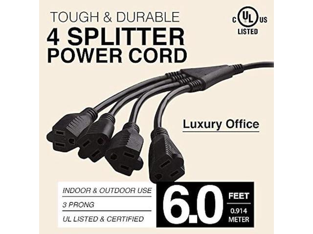 4 Way Power Splitter 1 to 4 Cable Strip - 6 Feet - 5 Pack - with 3 Pronged Outlet - Y Style Extension Cord Black - SJT 16 AWG by Luxury Office
