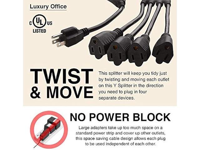 4 Way Power Splitter 1 to 4 Cable Strip - 6 Feet - 5 Pack - with 3 Pronged Outlet - Y Style Extension Cord Black - SJT 16 AWG by Luxury Office