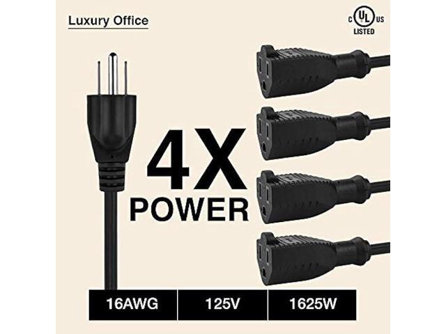 4 Way Power Splitter 1 to 4 Cable Strip - 6 Feet - 5 Pack - with 3 Pronged Outlet - Y Style Extension Cord Black - SJT 16 AWG by Luxury Office