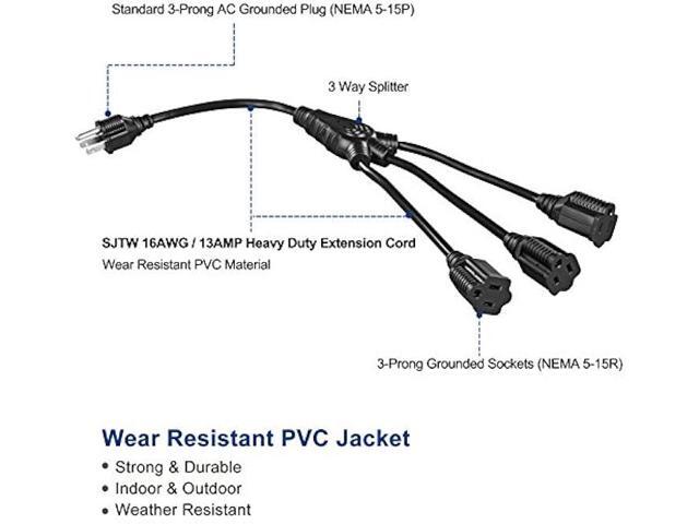 DEWENWILS Extension Cord Splitter 1 to 3, 18 Inch 16/3 Heavy Duty SJTW Wire, 3 Prong Outdoor Power Splitter for Halloween Decor Christmas Lights,...