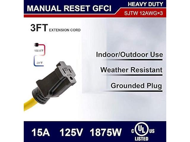 AIDA 3FT Manual Reset 12 Gauge SJTW Heavy Duty Right Angle GFCI Plug Adapter with 1 Prong Grounded Plug, 15 AMP Yellow Outdoor Extension Cable with...