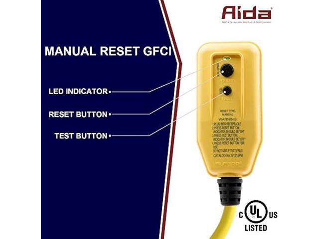 AIDA 3FT Manual Reset 12 Gauge SJTW Heavy Duty Right Angle GFCI Plug Adapter with 1 Prong Grounded Plug, 15 AMP Yellow Outdoor Extension Cable with...