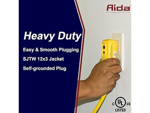 AIDA 3FT Manual Reset 12 Gauge SJTW Heavy Duty Right Angle GFCI Plug Adapter with 1 Prong Grounded Plug, 15 AMP Yellow Outdoor Extension Cable with...