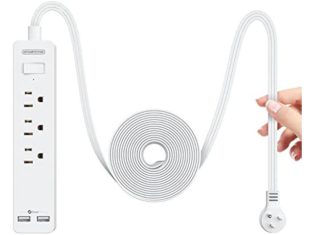 NTONPOWER Extension Cord 10 Ft, Flat Extension Cord Under Carpet, Rug, Door, Flat Plug Power Strip with 3 Outlets 2 USB, Wall Mount, Overload...