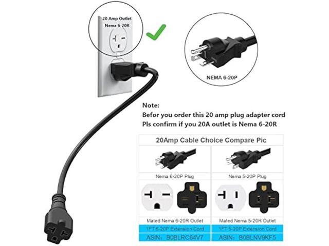 1-Foot 20 AMP Nema 6-20P Extension Cord 12AWG Nema 6-20 Heavy Duty Extension Power Cord 1FT,Nema 6-20P to 5-20R,6-20P to 6-15R/20R 20AMP T-Blade...