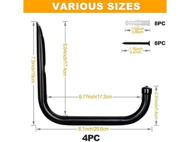 KURUI Ladder Hooks for Garage Wall, 4 Pack Large Garage Storage Hanger for Bike Extension Cord Tool Cable, Wall Mount l Utility Hooks with Wall...
