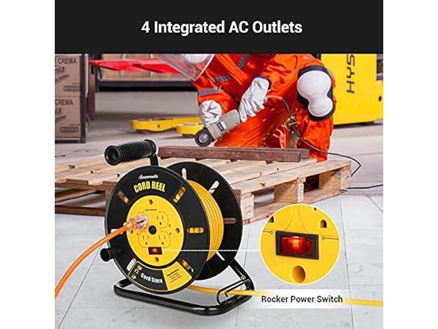 DEWENWILS Extension Cord Storage Reel with 4-Grounded Outlets, Heavy Duty Open Cord Reel for 12/3,14/3,16/3 Gauge Power Cord, Hand Wind...