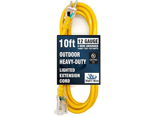 10 ft - 12 Gauge Heavy Duty Lighted SJTW Indoor/Outdoor Yellow Extension Cord by Watt's Wire - Short 10' 12-Gauge Grounded 15-Amp Power-Cord (10...