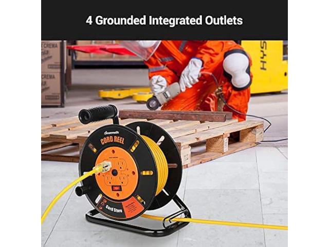 DEWENWILS Extension Cord Storage Reel with 4-Grounded Outlets, Heavy Duty Open Cord Reel for 12/3,14/3,16/3 Gauge Power Cord, Hand Wind...