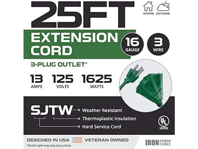 25 Foot Outdoor Extension Cord with 3 Electrical Power Outlets - 16/3 SJTW Durable Green Extension Cable with 3 Prong Grounded Plug for Safety